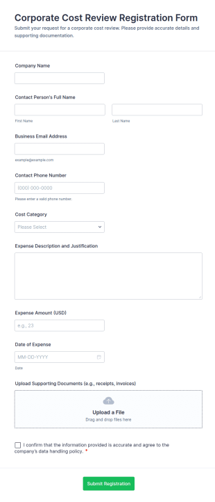 Corporate Cost Review Registration Form Template