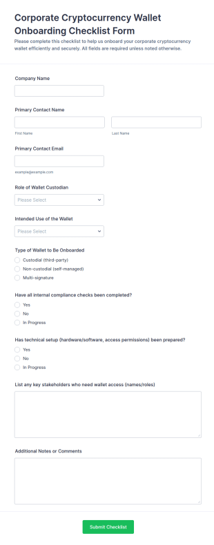 Corporate Cryptocurrency Wallet Onboarding Checklist Form Template