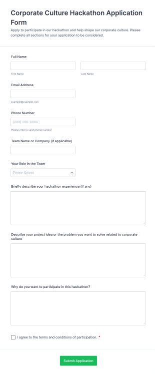 Corporate Culture Hackathon Application Form Form Template