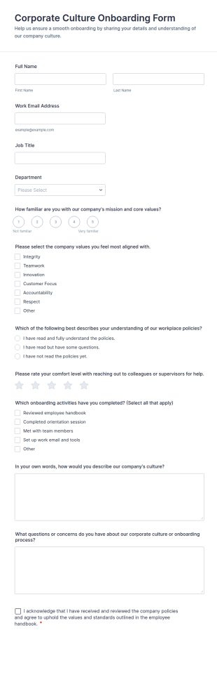 Corporate Culture Onboarding Form Template