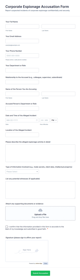 Corporate Espionage Accusation Form Template
