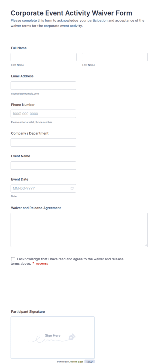 Corporate Event Activity Waiver Form Template
