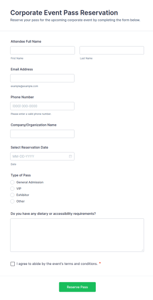 Corporate Event Pass Reservation Form Template