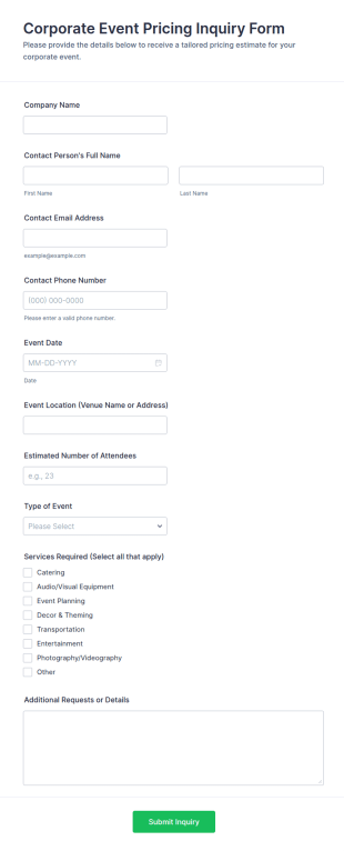 Corporate Event Pricing Inquiry Form Template