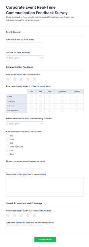 Corporate Event Real Time Communication Feedback Survey Form Template