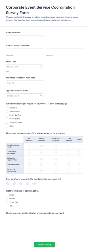 Corporate Event Service Coordination Survey Form Template
