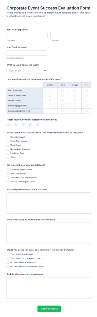 Corporate Event Success Evaluation Form Template