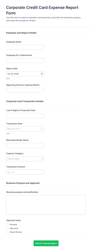Corporate Expense Report Form Template