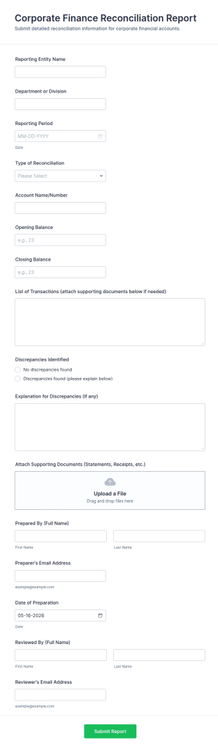 Corporate Finance Reconciliation Report Form Template