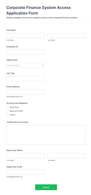 Corporate Finance System Access Application Form Template
