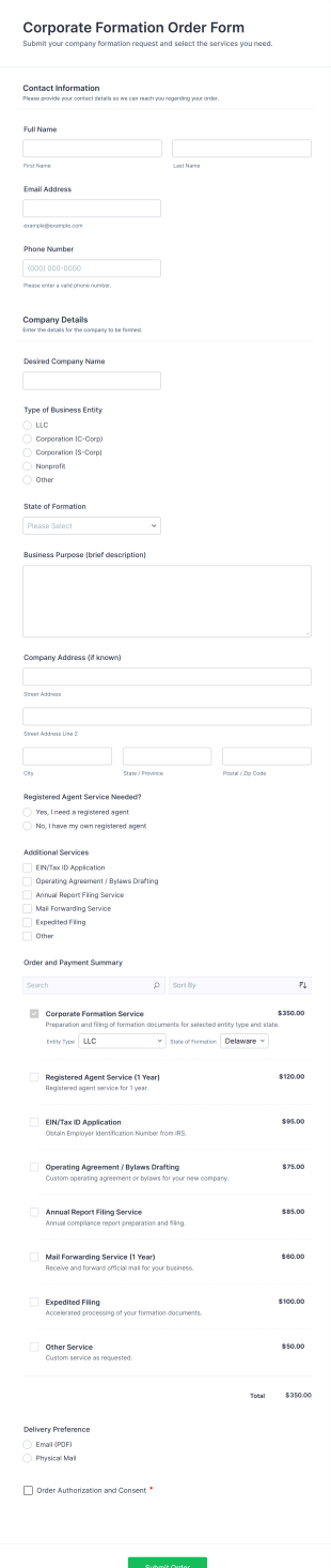 Corporate Formation Order Form Template