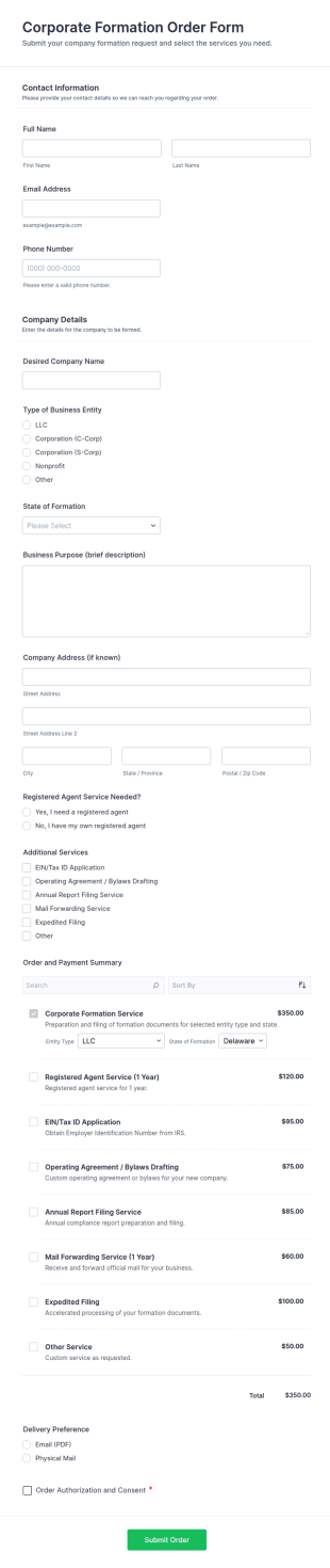 Corporate Formation Order Form Template