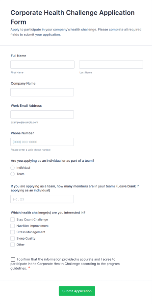 Corporate Health Challenge Application Form Form Template