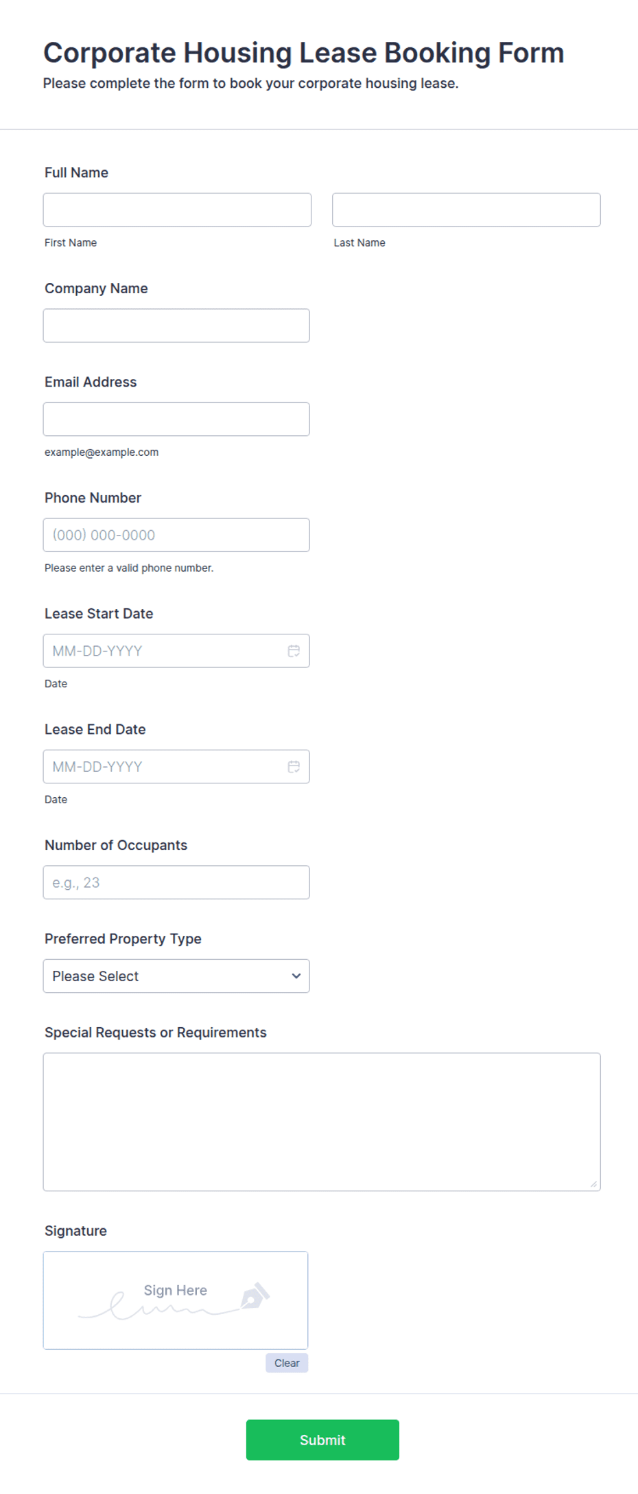 Corporate Housing Lease Booking Form Template | Jotform