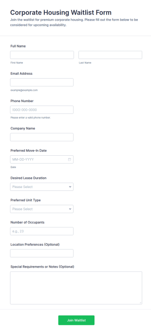 Corporate Housing Waitlist Form Template