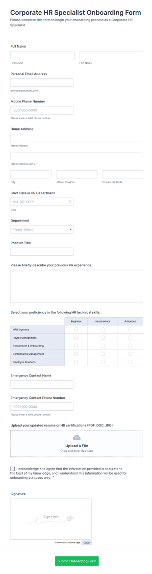 Corporate HR Specialist Onboarding Form Template