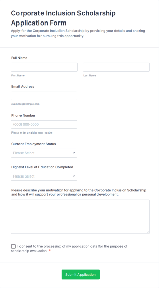Corporate Inclusion Scholarship Application Form Form Template