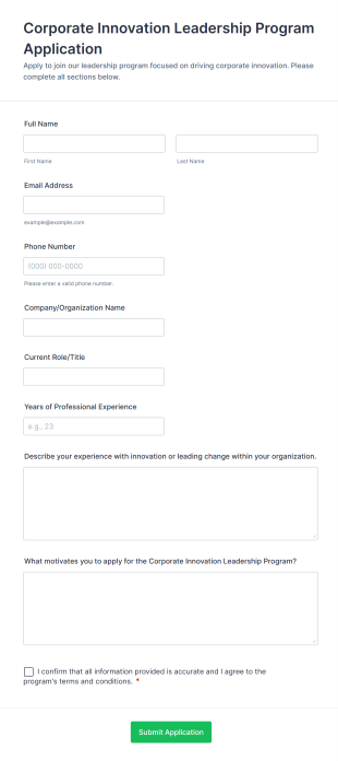 Corporate Innovation Leadership Program Application Form Template