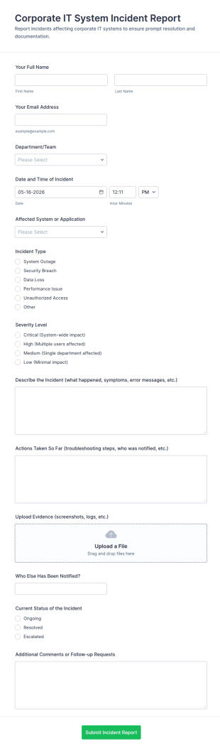 Corporate IT System Incident Report Form Template