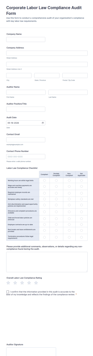 Corporate Labor Law Compliance Audit Form Template