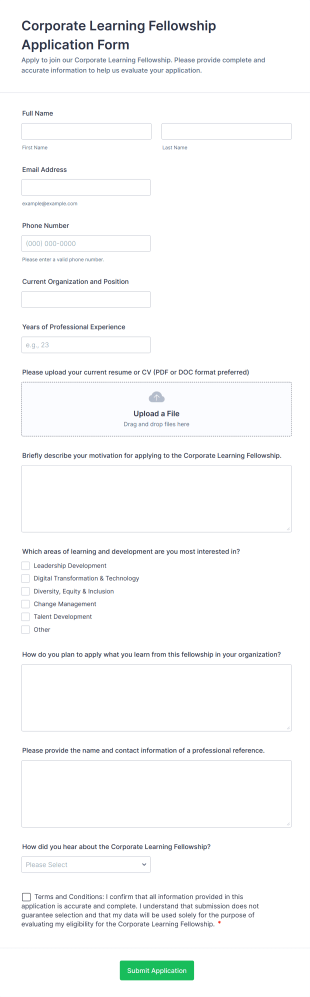 Corporate Learning Fellowship Application Form Form Template