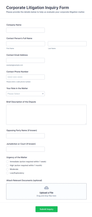 Corporate Litigation Inquiry Form Template