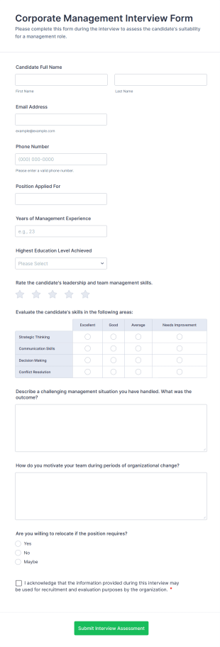 Corporate Management Interview Form Form Template