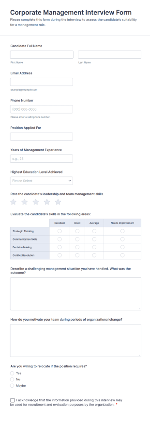 Corporate Management Interview Form Template