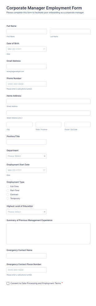 Corporate Manager Employment Form Template