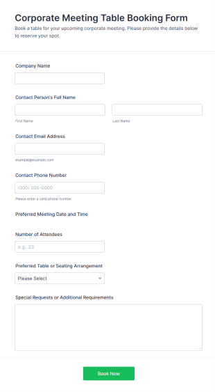 Corporate Meeting Table Booking Form Template