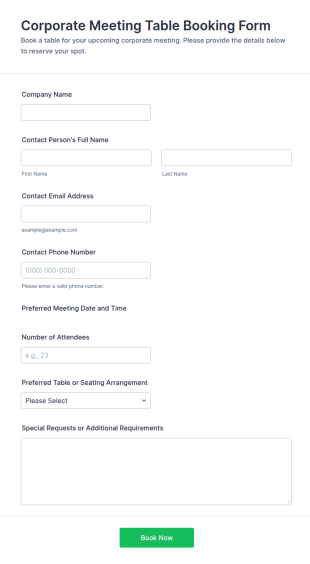 Corporate Meeting Table Booking Form Template