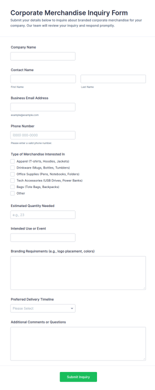 Corporate Merchandise Inquiry Form Template