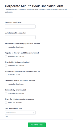 Corporate Minute Book Checklist Form Template