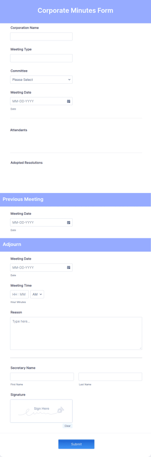 Corporate Minutes Form Template