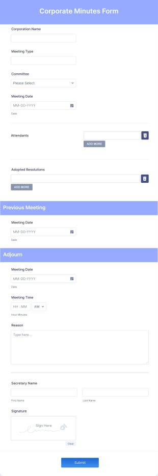 Corporate Minutes Form Template