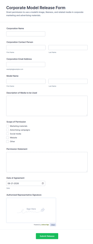 Corporate Model Release Form Template