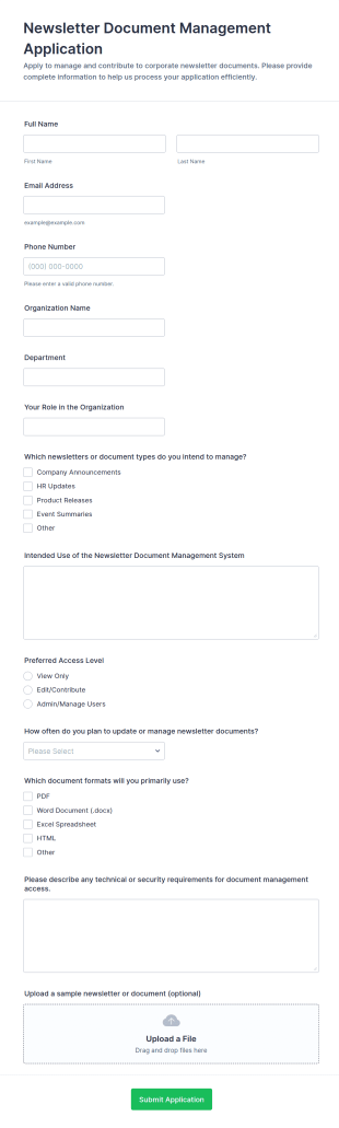 Corporate Newsletter Document Management Application Form Template