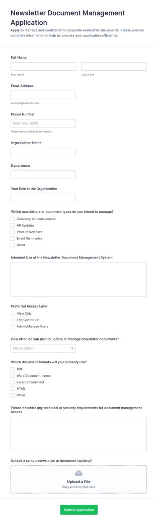 Corporate Newsletter Document Management Application Form Template