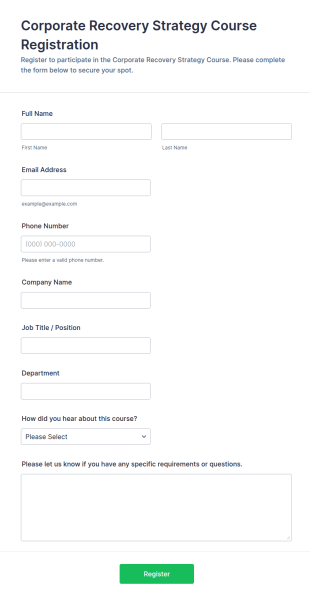 Corporate Recovery Strategy Course Registration Form Template