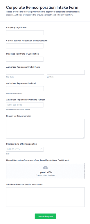 Corporate Reincorporation Intake Form Template