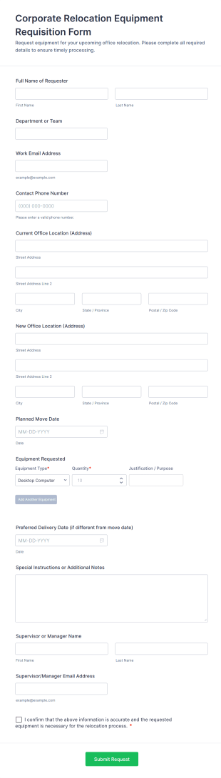 Corporate Relocation Equipment Requisition Form Template