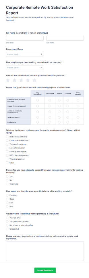 Corporate Remote Work Satisfaction Report Form Template