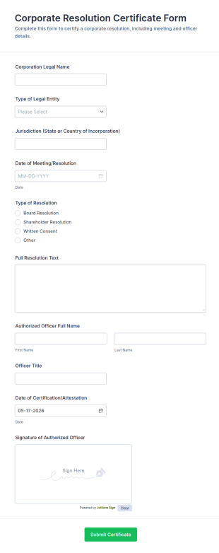Corporate Resolution Certificate Form Template