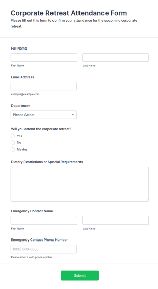 Corporate Retreat Attendance Form Template