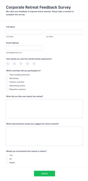 Corporate Retreat Feedback Survey Form Template
