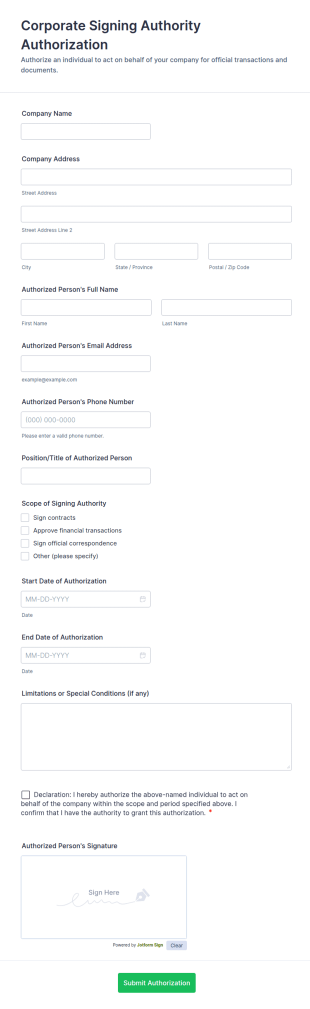 Corporate Signing Authority Authorization Form Template