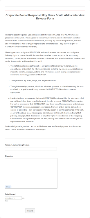 Corporate Social Responsibility News South Africa Interview Release Form Template