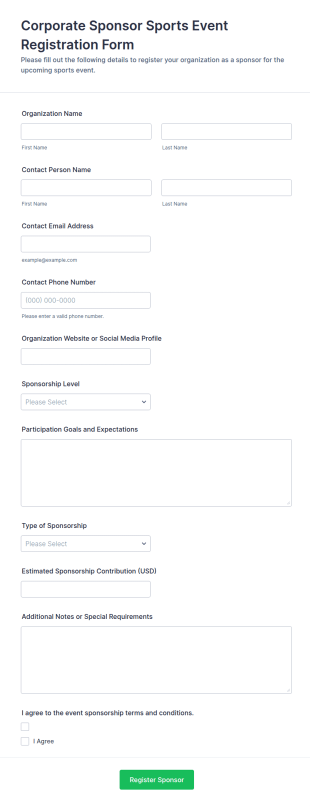 Corporate Sponsor Sports Event Registration Form Template