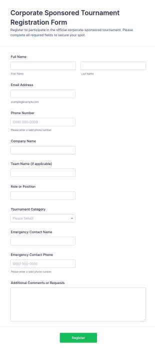 Corporate Sponsored Tournament Registration Form Template