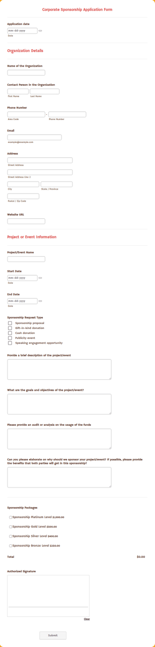 Corporate Sponsorship Application Form Template